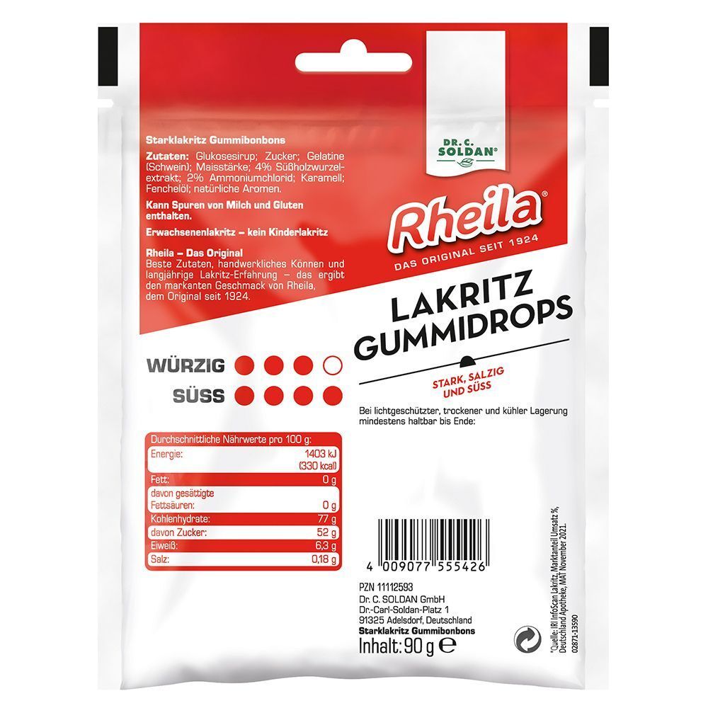 Rückseite einer RHEILA Lakritz Gummidrops-Verpackung. Enthält Produktnamen, Zutatenliste, Nährwertangaben und Logo. Text in Deutsch.