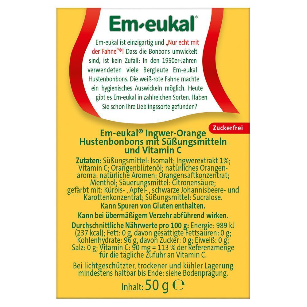 Rückseite der EM-EUKAL Ingwer-Orange Hustenbonbons-Verpackung. Text mit Inhaltsstoffen und Nährwertangaben auf gelbem Grund.
