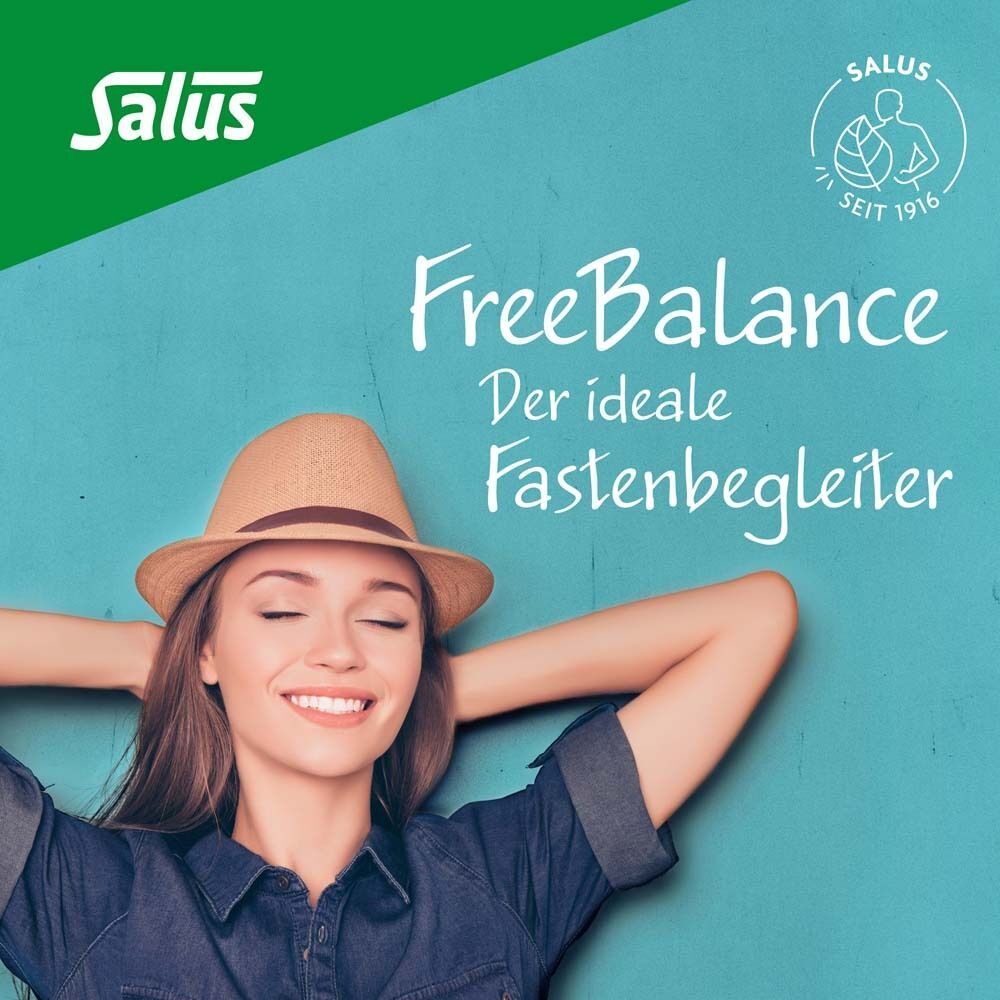 Frau mit Hut, lächelt. Text: FreeBalance, Der ideale Fastenbegleiter. Salus Logo.