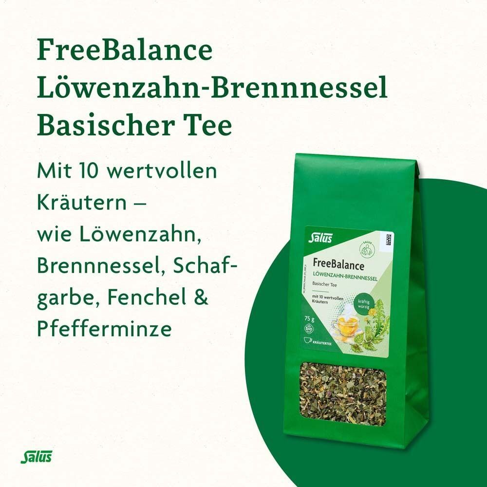 Grüner Hintergrund mit Produktverpackung. FreeBalance Tee. Text: Löwenzahn-Brennnessel Basischer Tee. Salus Logo.