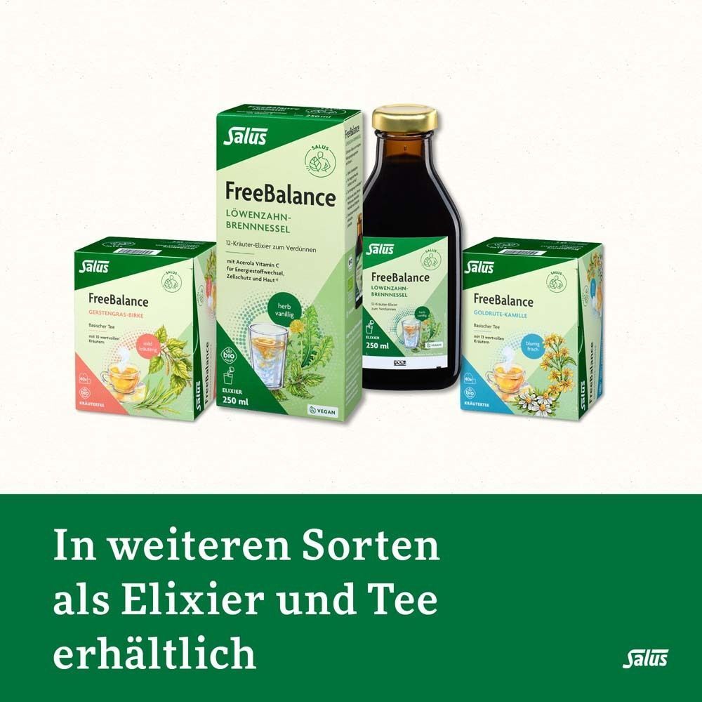 Produktabbildung: Tee, Elixier. Text: In weiteren Sorten als Elixier und Tee erhältlich. Salus Logo.