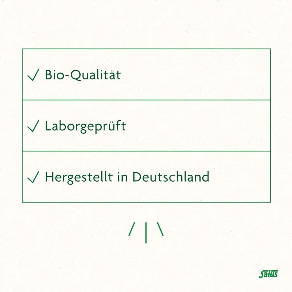 Text: Bio-Qualität, Laborgeprüft, Hergestellt in Deutschland. Salus Logo.