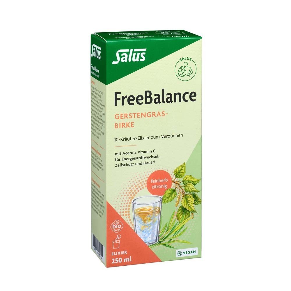 Produktverpackung: FreeBalance Gerstengras-Birke. Elixier. Text: 10-Kräuter-Elixier. Salus Logo.