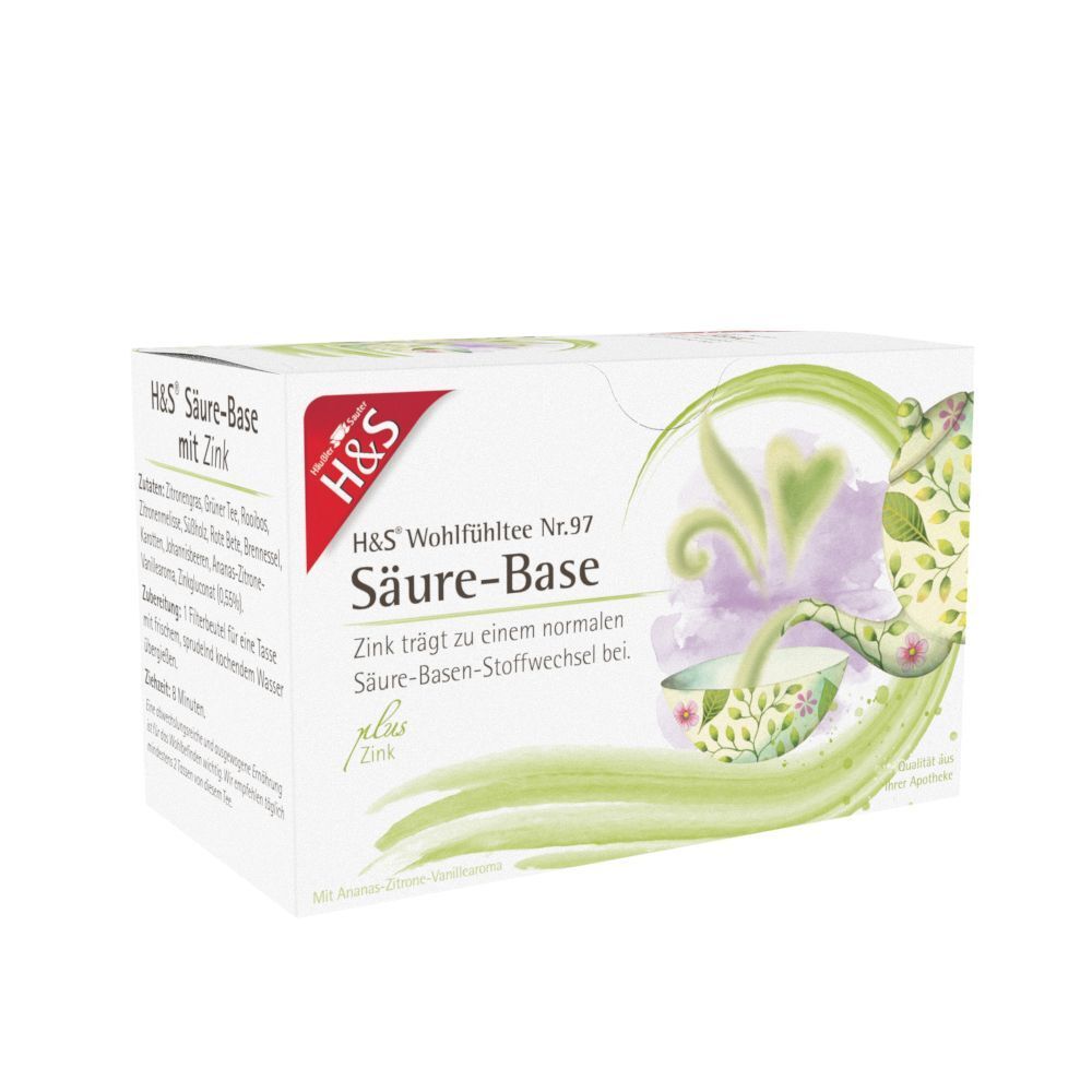 H&S Säure-Base Tee-Packung. Weißer Karton mit floralem Design und Produktinformationen. Logo H&S.