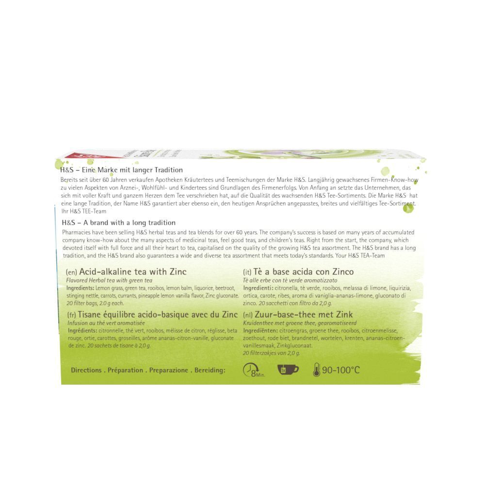 Rückseite der H&S Säure-Base Tee-Packung. Text in Deutsch, Englisch, Französisch und Italienisch. Zutatenliste.
