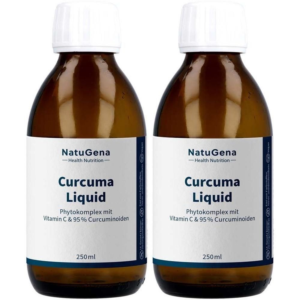 Zwei braune Glasflaschen mit weißem Deckel und Etikett. Auf dem Etikett steht "Curcuma Liquid" und "250ml".