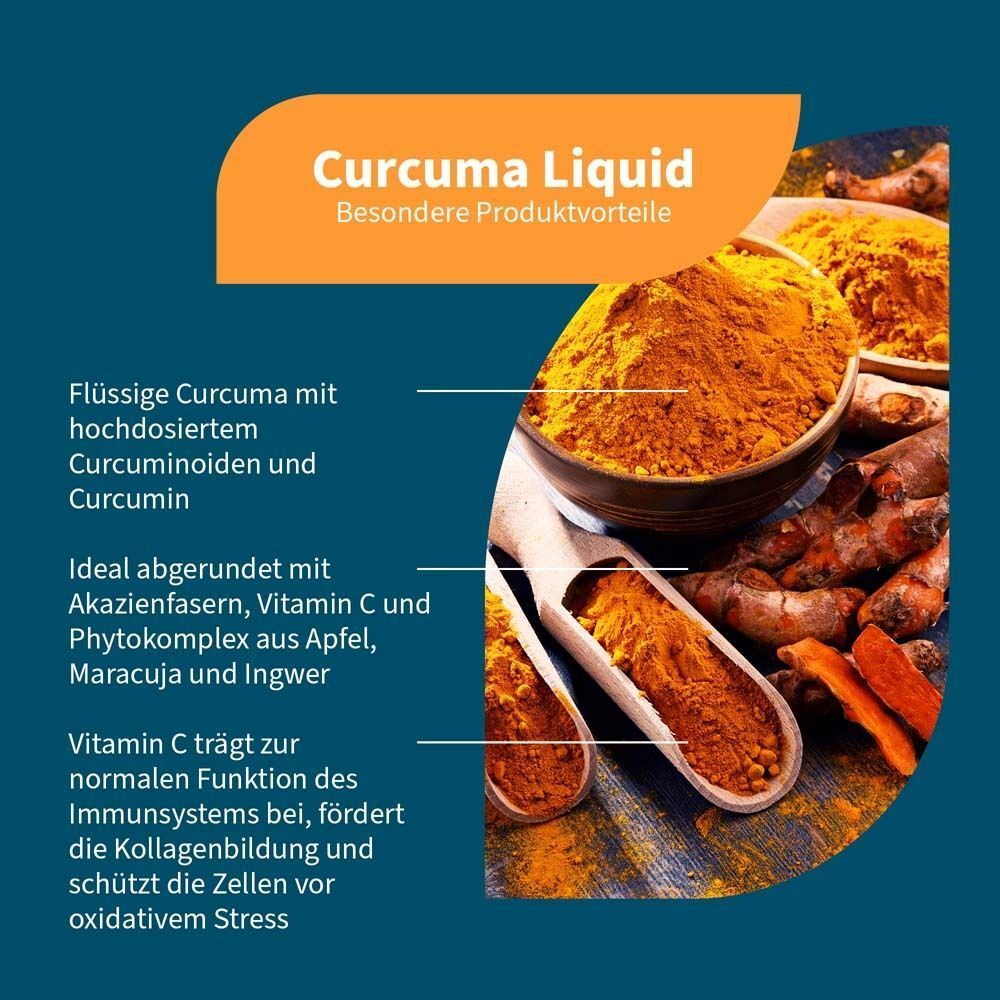 Grafik mit gelbem Pulver in Schalen und Löffeln. Text: "Curcuma Liquid", Vorteile, Inhaltsstoffe, und Wirkung.