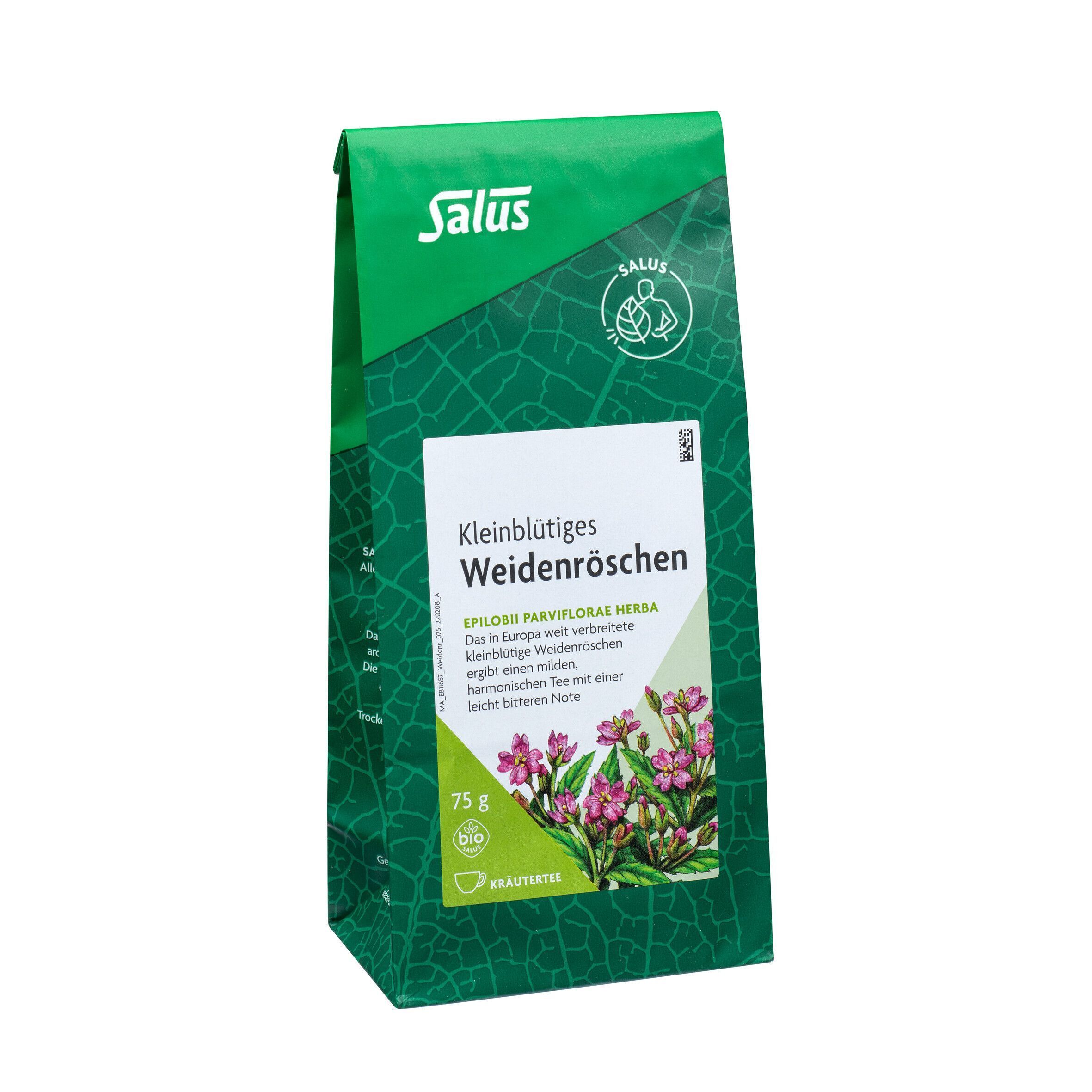 Eine grüne Packung Salus Weidenröschen Tee mit einer Abbildung von lila Blüten und Kräutern.