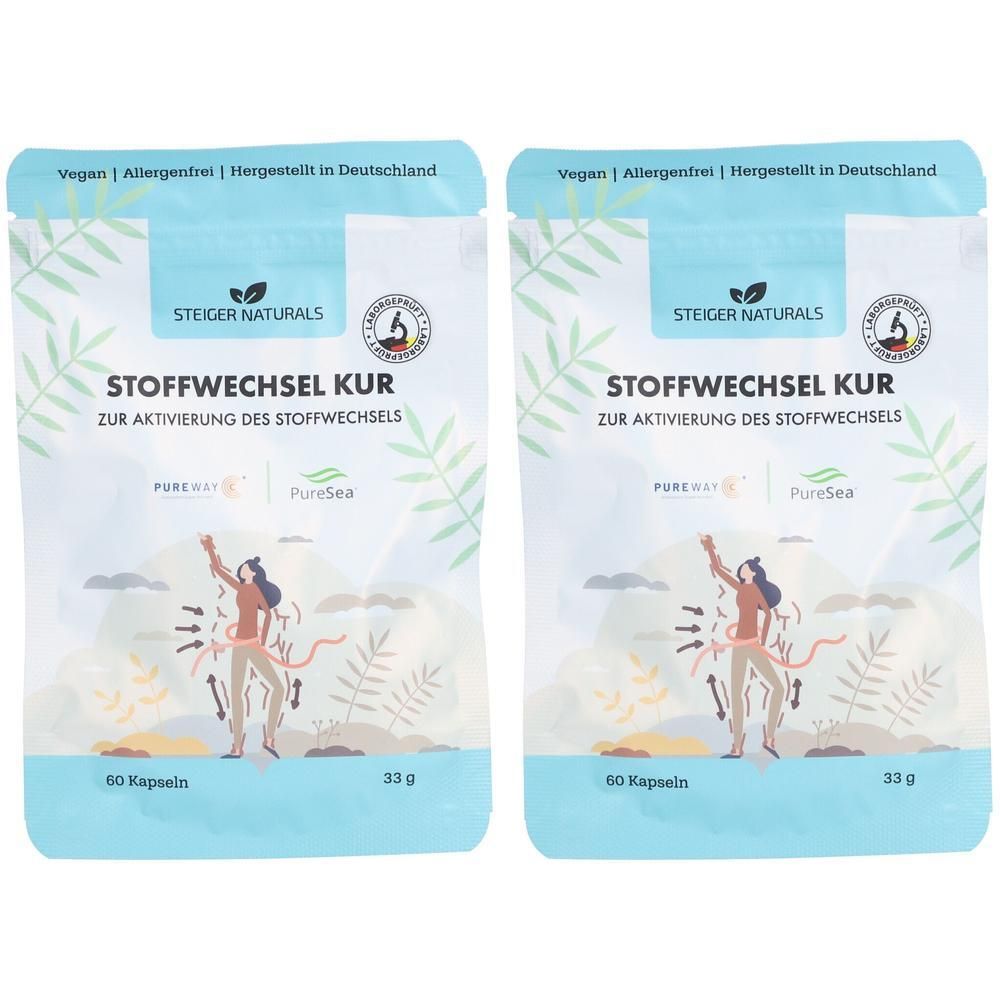 Zwei Beutel STOFFWECHSEL KUR Kapseln. Aufschrift: Vegan, Allergenfrei, Hergestellt in Deutschland. Enthält 60 Kapseln, 33g. Marke: Steiger Naturals.