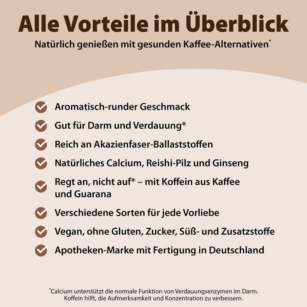 Infografik mit Vorteilen: Aromatischer Geschmack, gut für Darm, reich an Akazienfaser, natürliches Calcium, Reishi, Ginseng.