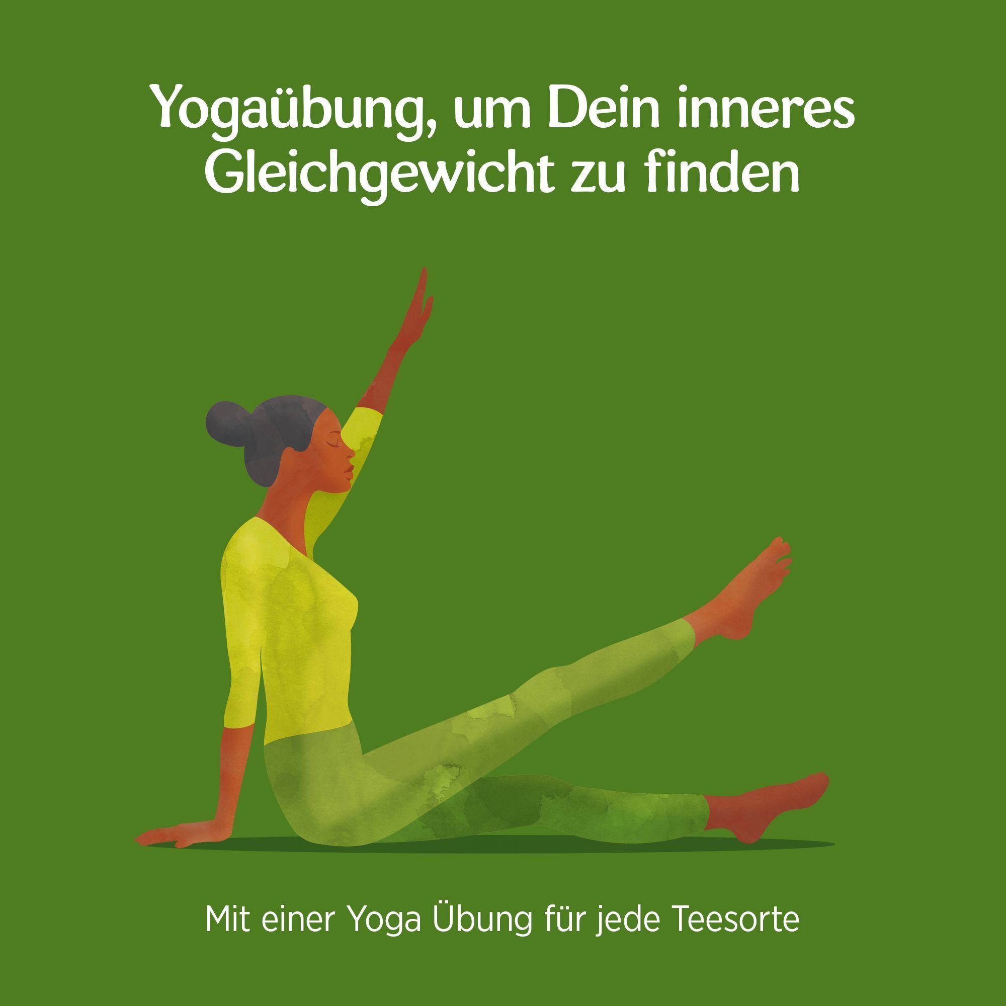 Illustration einer Frau, die Yoga macht. Text: Yogaübung, um Dein inneres Gleichgewicht zu finden.
