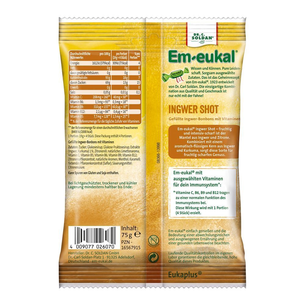 Rückseite der EM-EUKAL Ingwer Shot Verpackung. Enthält Informationen zu Inhaltsstoffen und Nährwerten. Produktname und Logo sichtbar.