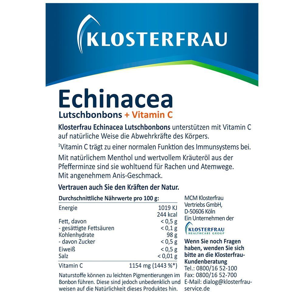 Rückseite der KLOSTERFRAU Echinacea Bonbons-Verpackung. Nährwertangaben pro 100g. Kontaktinformationen des Herstellers.
