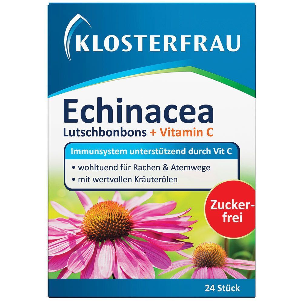 Vorderseite der KLOSTERFRAU Echinacea Bonbons-Verpackung. Produktname, Vitamin C, 24 Stück. Echinacea-Blüten.