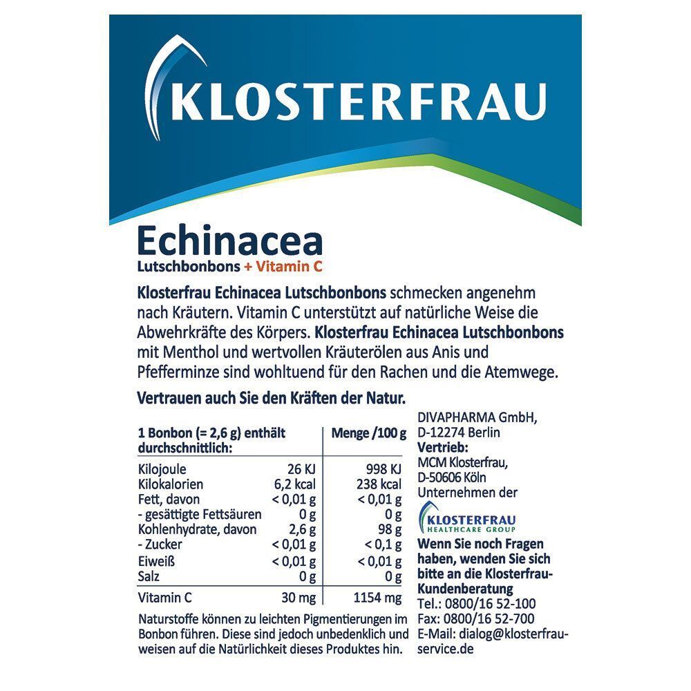 Rückseite der KLOSTERFRAU Echinacea Bonbons-Verpackung. Nährwertangaben pro Bonbon. Kontaktinformationen des Herstellers.