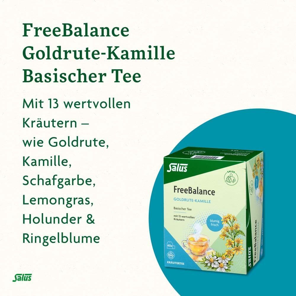 Produktverpackung von FREEBALANCE Goldrute-Kamille Tee. Text: Basischer Tee mit 13 Kräutern. Logo Salus.