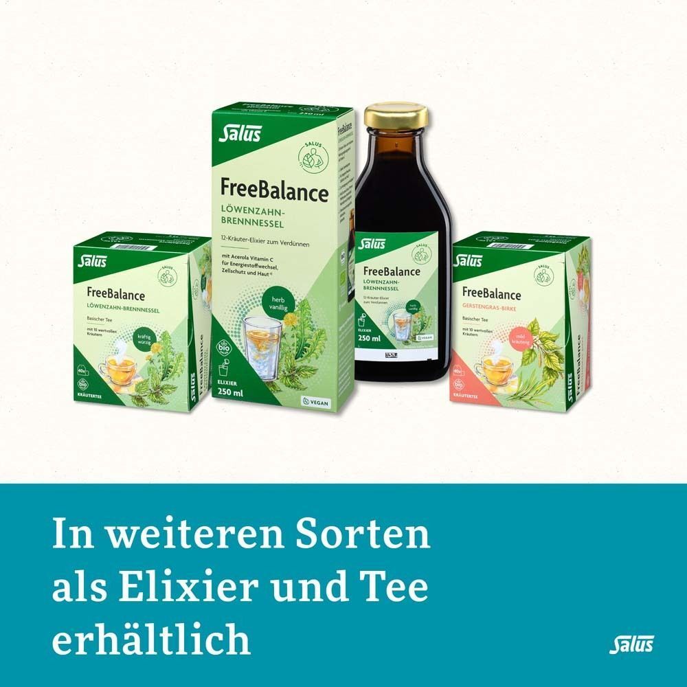 Verschiedene FREEBALANCE Produkte: Tee, Elixier. Text: In weiteren Sorten als Elixier und Tee erhältlich. Logo Salus.