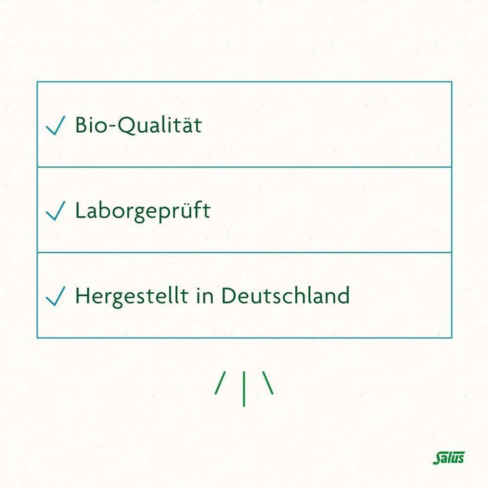 Text: Bio-Qualität, Laborgeprüft, Hergestellt in Deutschland. Logo Salus.