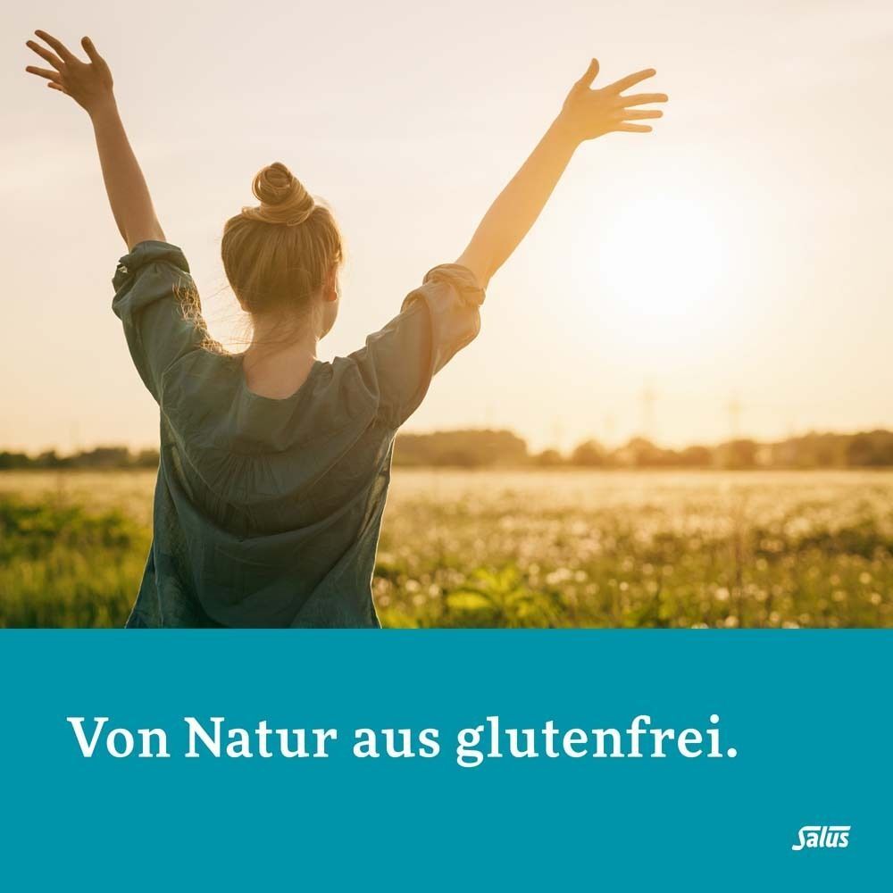 Eine Frau im Feld. Text: Von Natur aus glutenfrei. Logo Salus.