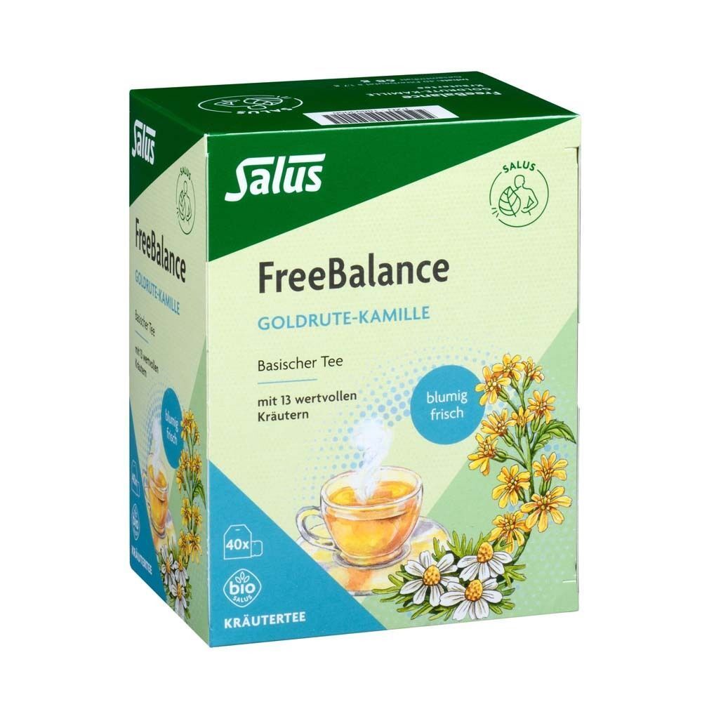 Produktverpackung FREEBALANCE Goldrute-Kamille Tee. Text: Basischer Tee, 40x, Bio. Logo Salus.