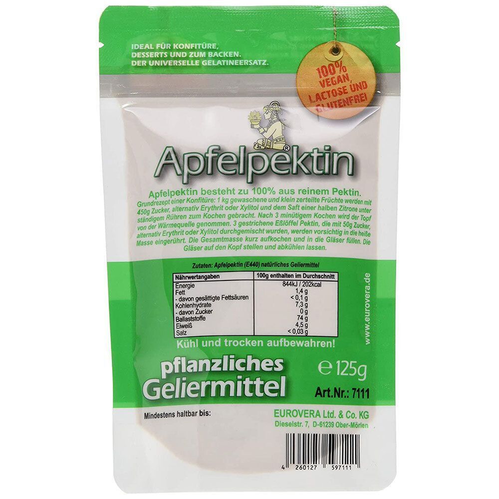 Beutel APFELPEKTIN Pulver. Aufdruck: Apfel, pflanzliches Geliermittel, 100% natürlich, 125g. Text: 100% vegan, laktose- und glutenfrei. Nährwerttabelle.