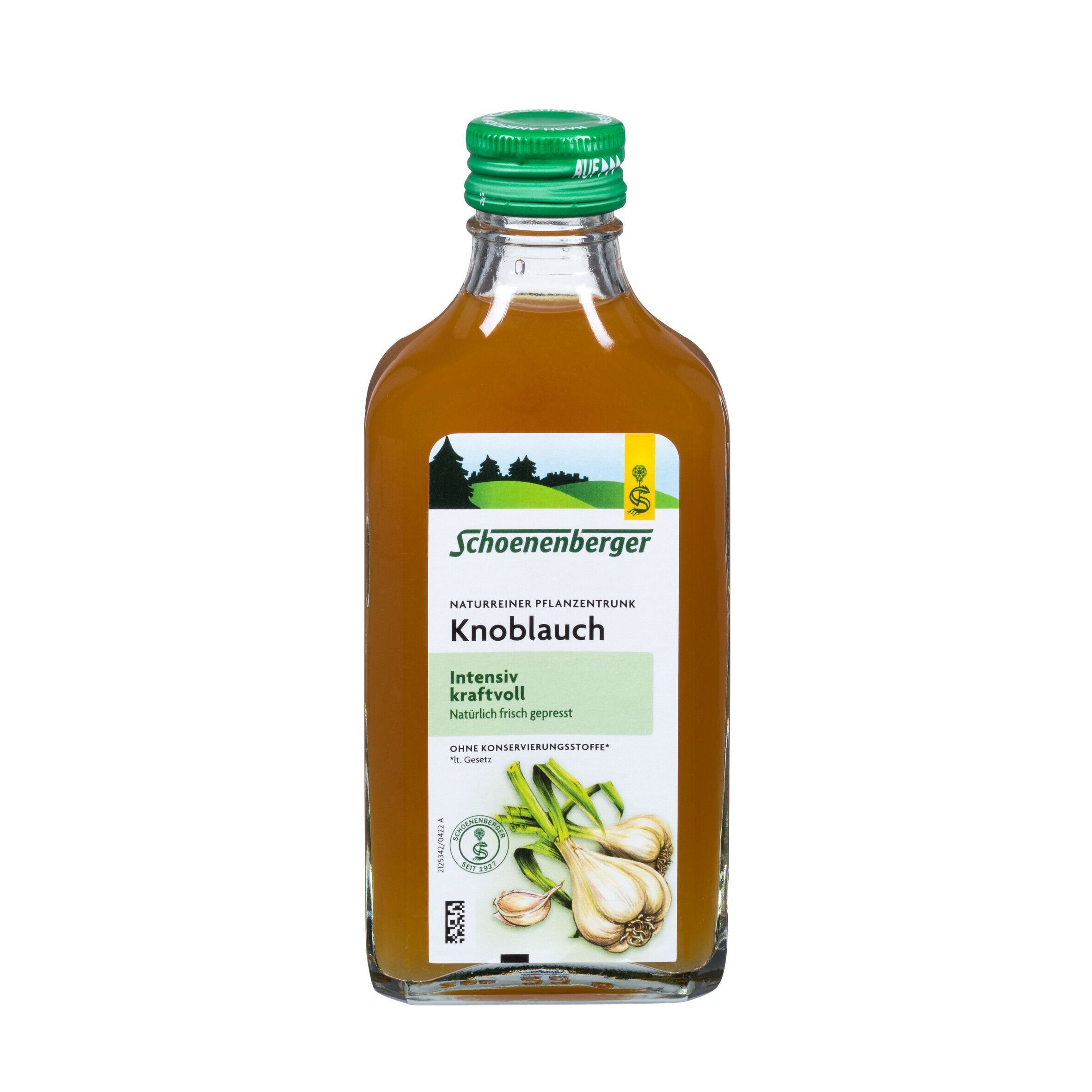 Eine Flasche Schoenenberger Knoblauch Pflanzentrunk, 200ml, mit grünem Deckel.