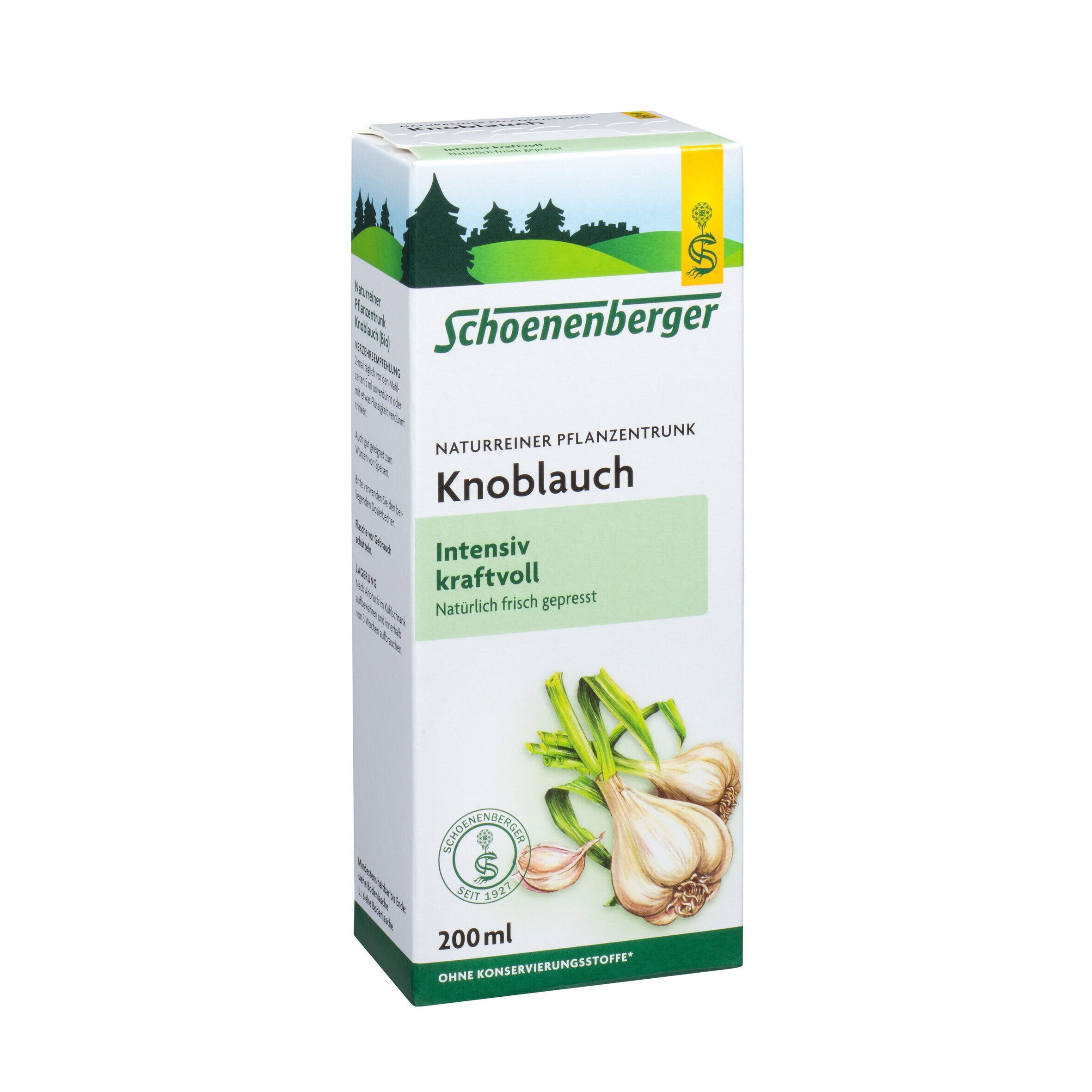 Ein Karton Schoenenberger Knoblauch Pflanzentrunk, 200ml, mit Abbildung von Knoblauch.