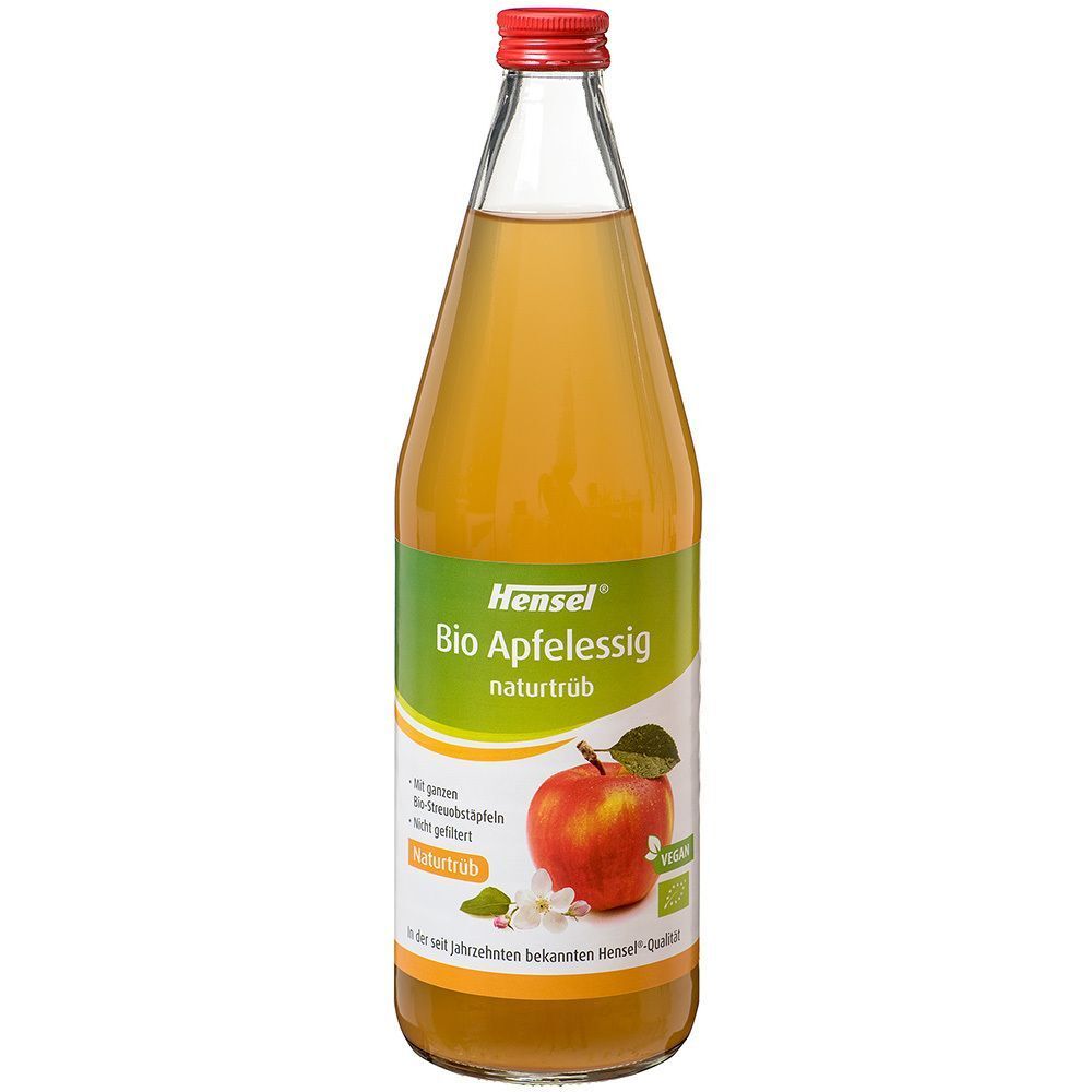 Eine Flasche Bio-Apfelessig von Hensel. Grünes Etikett mit Apfel-Illustration. Roter Verschluss.