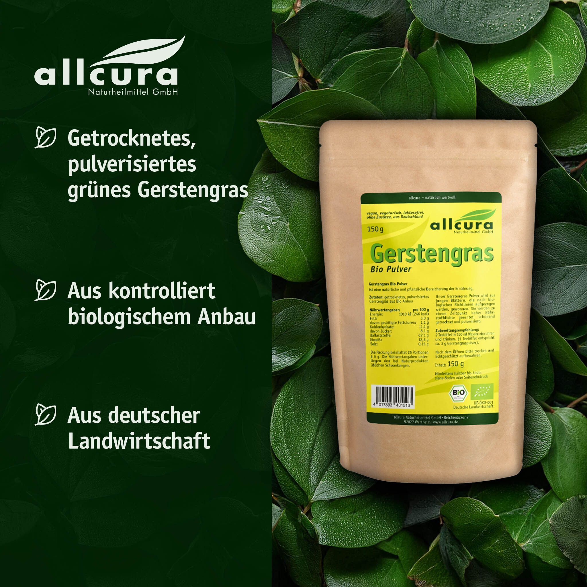 Beutel GERSTENGRASPULVER KBA Bio, braune Verpackung, gelbes Etikett, Bio-Siegel. Allcura Logo. Hintergrund: grüne Blätter. Text: getrocknetes Gerstengras.