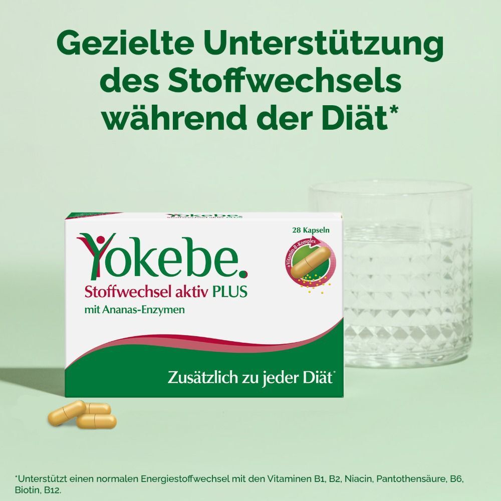 Yokebe Stoffwechsel aktiv PLUS Kapseln, eine Packung und zwei Kapseln neben einem Glas Wasser. Text: Gezielte Unterstützung des Stoffwechsels.