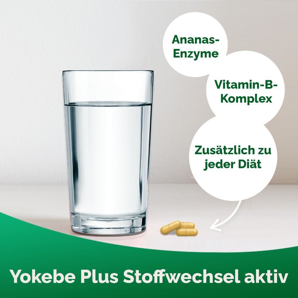 Glas Wasser, zwei Kapseln und Text: Ananas-Enzyme, Vitamin-B-Komplex, Zusätzlich zu jeder Diät. Yokebe Plus Stoffwechsel aktiv.