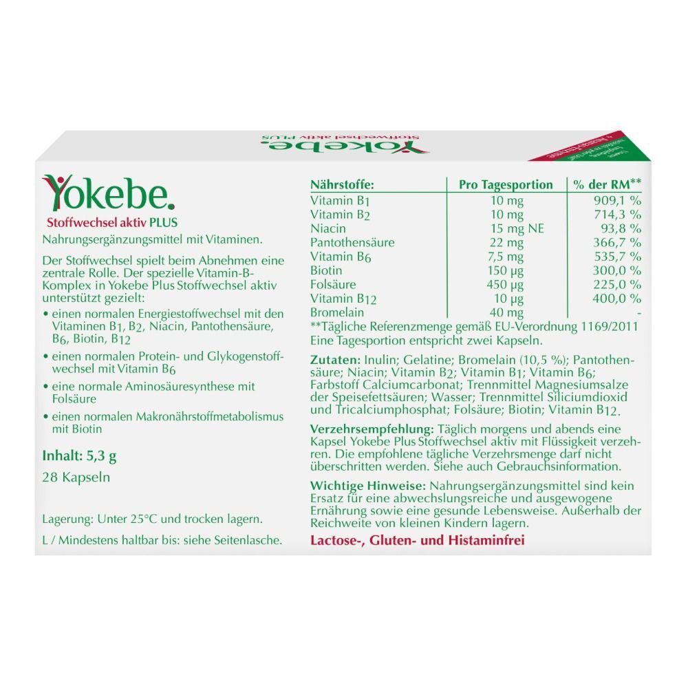 Rückseite der Yokebe Stoffwechsel aktiv PLUS Packung. Enthält Nährwertangaben, Zutaten, Verzehrempfehlung und Hinweise.