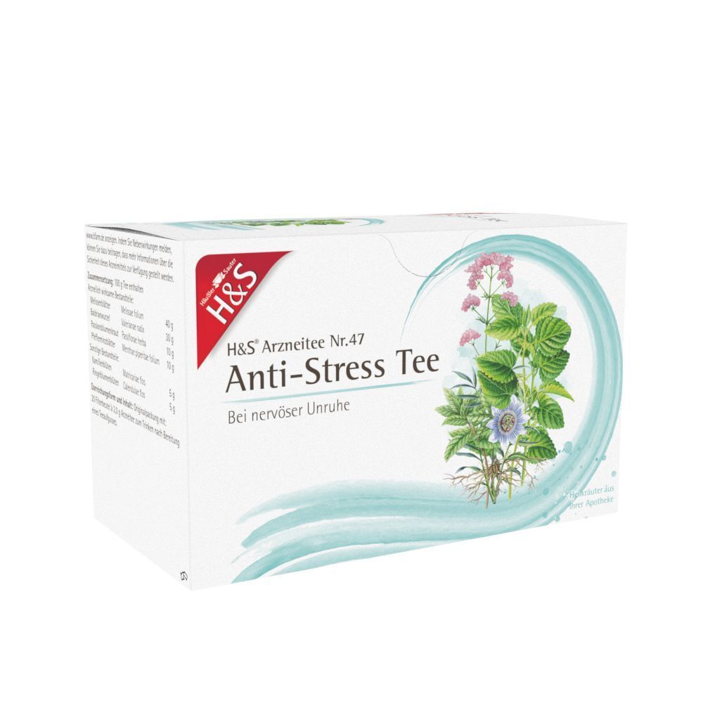 Packung H&S Anti-Stress Tee Nr. 47, Seitenansicht mit Kräuterabbildung.