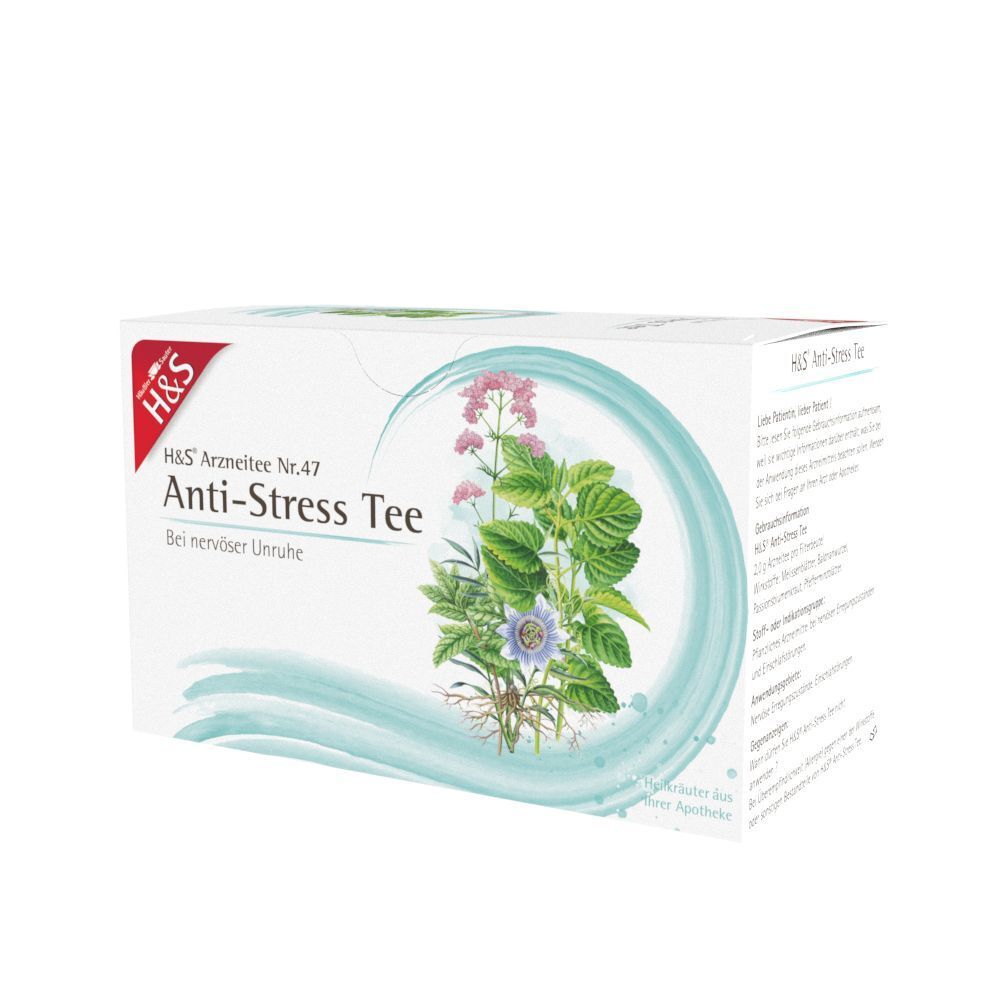 Packung H&S Anti-Stress Tee Nr. 47, schräge Ansicht mit Kräuterabbildung.