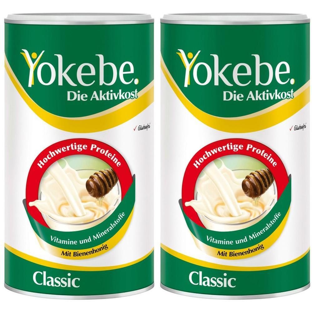 Zwei Dosen Yokebe Classic. Aufschrift: Hochwertige Proteine, Vitamine und Mineralstoffe, Classic. Abbildung: Honig und Milch.