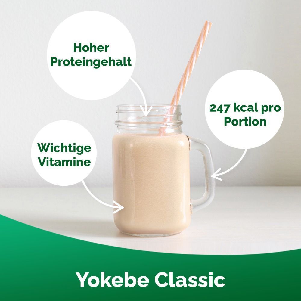 Glas mit Shake, Strohhalm. Text: Hoher Proteingehalt, wichtige Vitamine, 247 kcal pro Portion. Yokebe Classic.