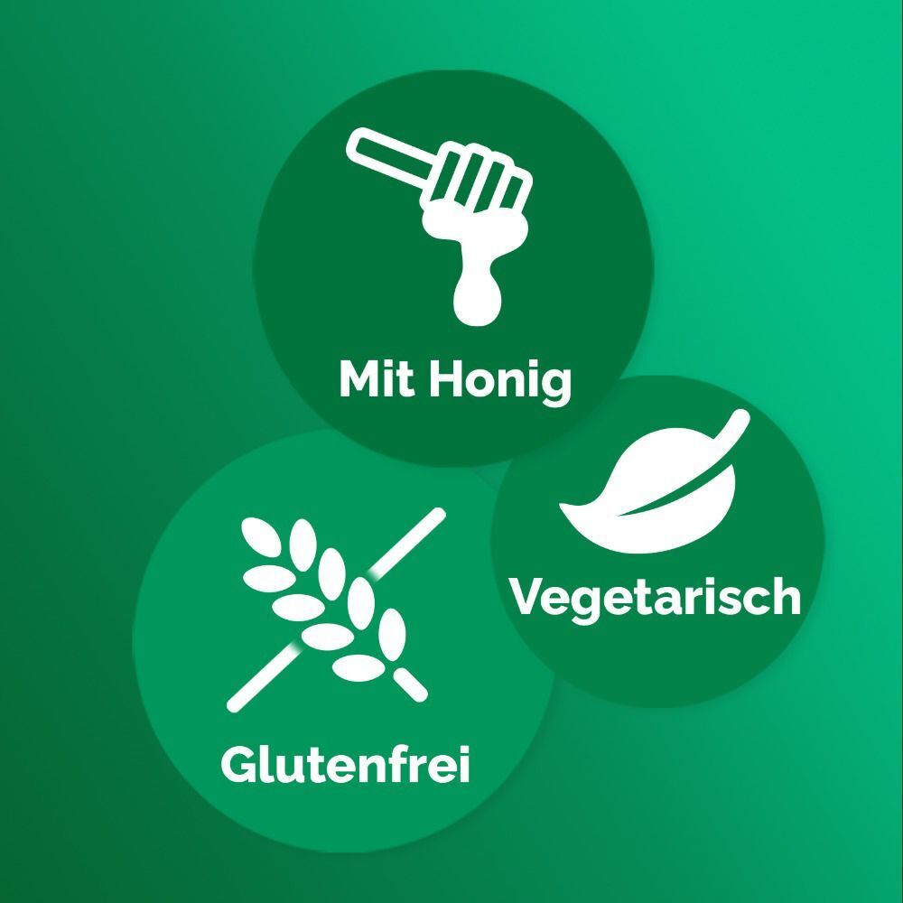 Kreisförmige Symbole: Honig, vegetarisch, glutenfrei. Text: Mit Honig, vegetarisch, glutenfrei.
