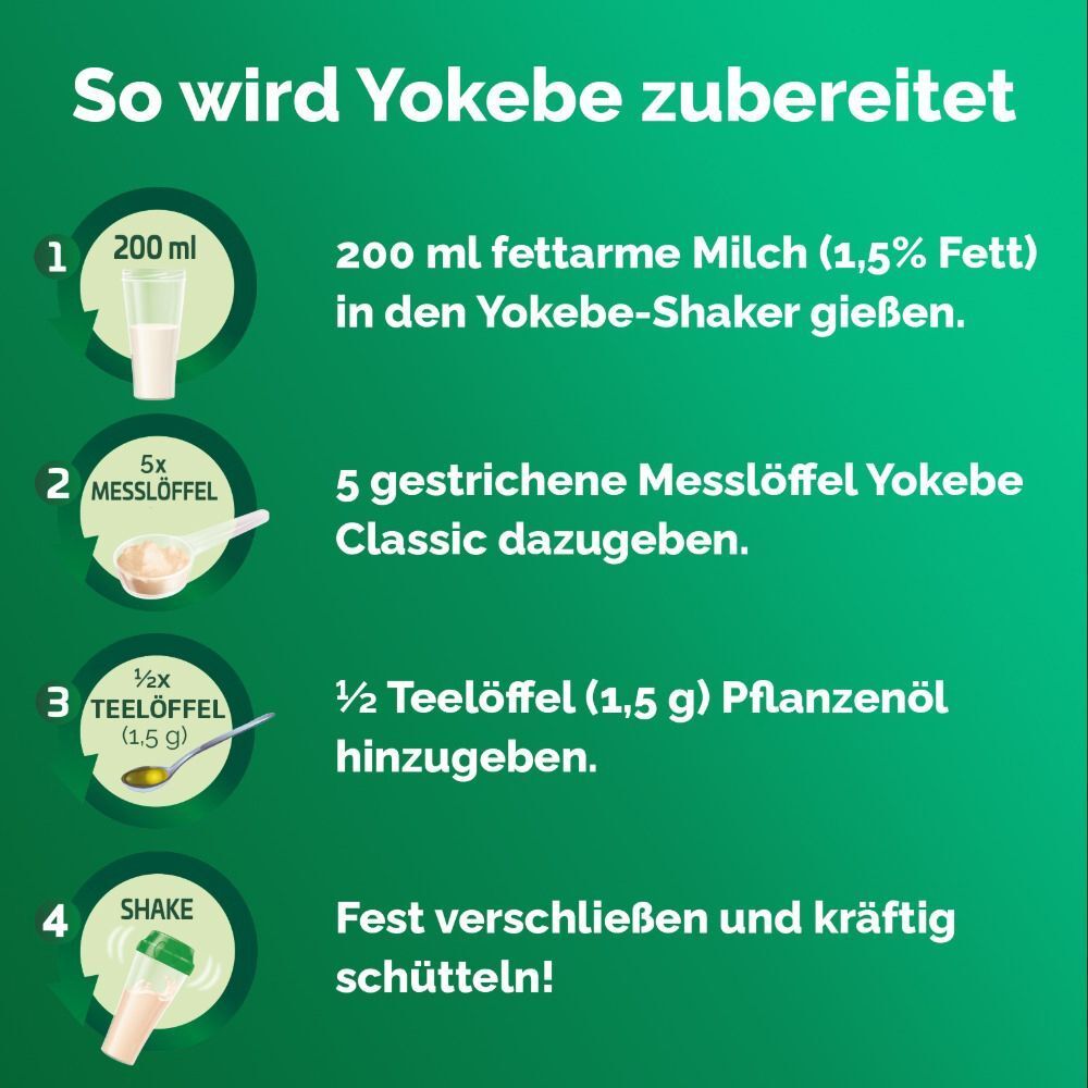 Anleitung zur Zubereitung von Yokebe. Schritte: Milch, Messlöffel, Öl, schütteln. Text: 200 ml Milch, 5 Messlöffel, 1/2 TL Öl.