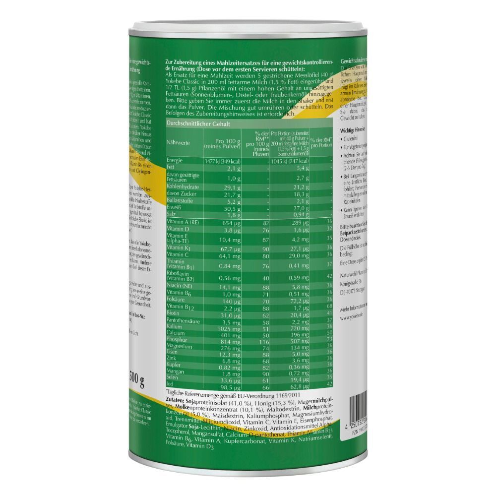 Rückseite einer Yokebe-Dose. Text: Nährwertangaben, Zutaten, Herstellerinformationen.