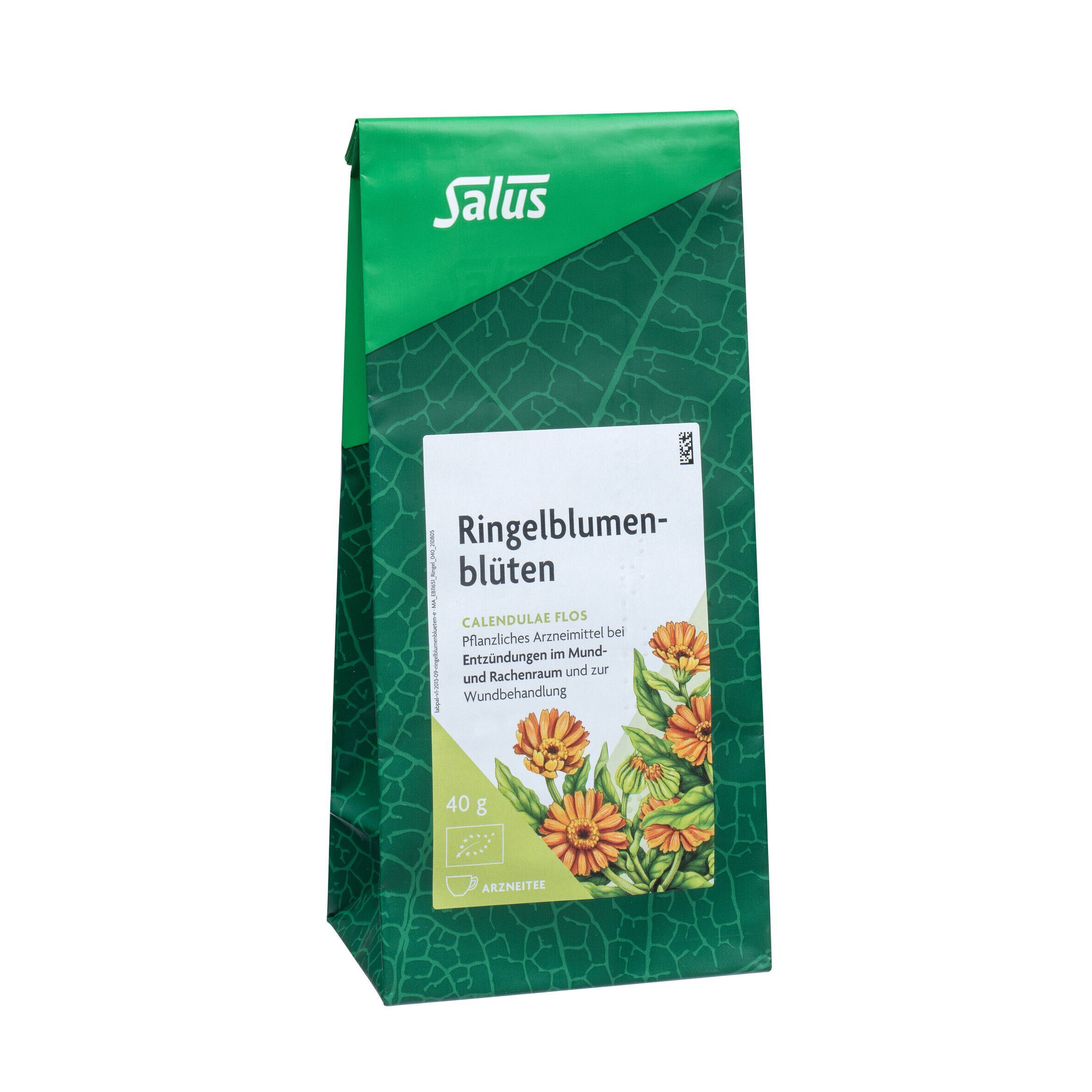 Eine Packung Salus Ringelblumenblüten (40g) mit Abbildung der Blüten und Blättern, sowie Siegeln.