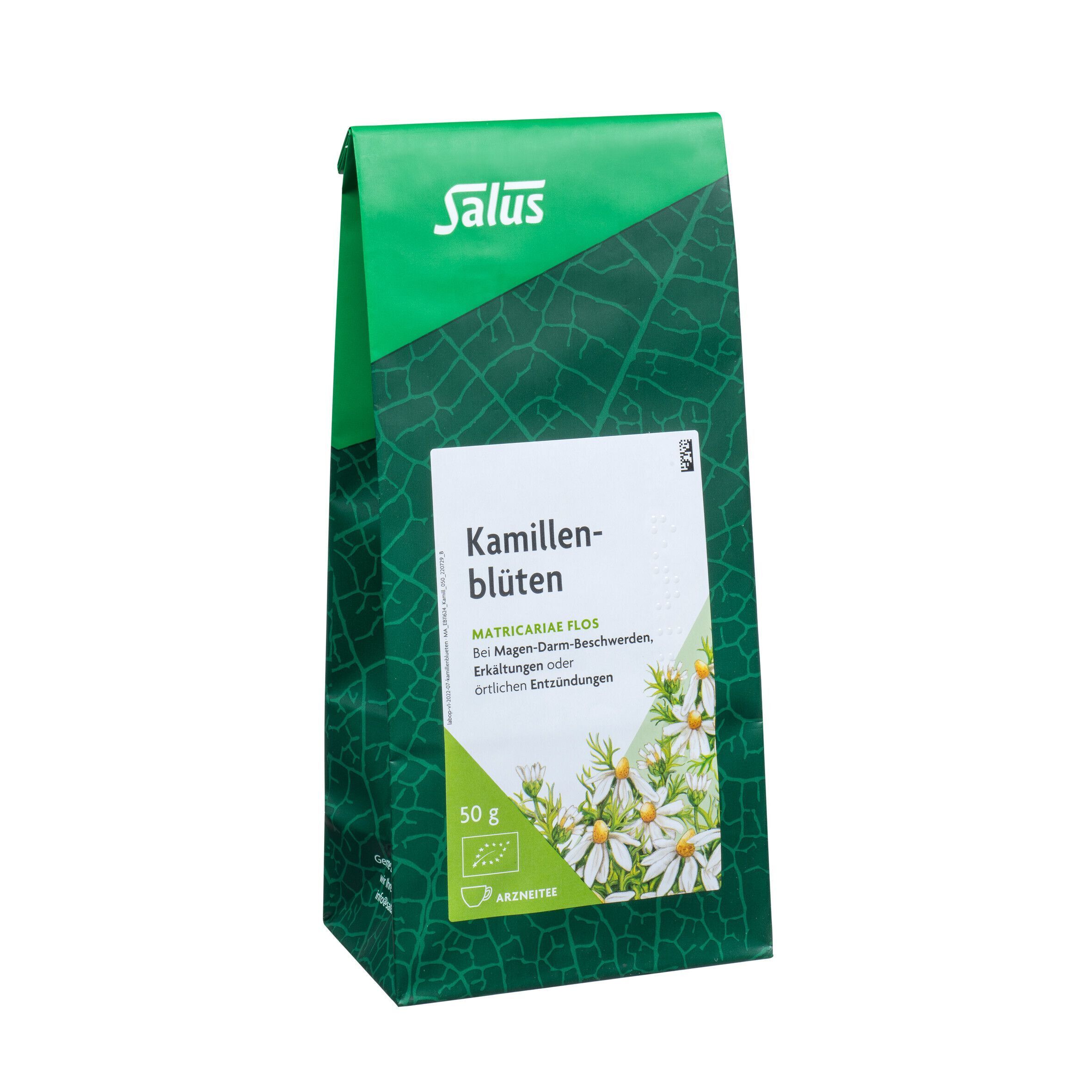 Eine Packung Salus Kamillenblüten Tee, 50g, mit Abbildung von Kamillenblüten.