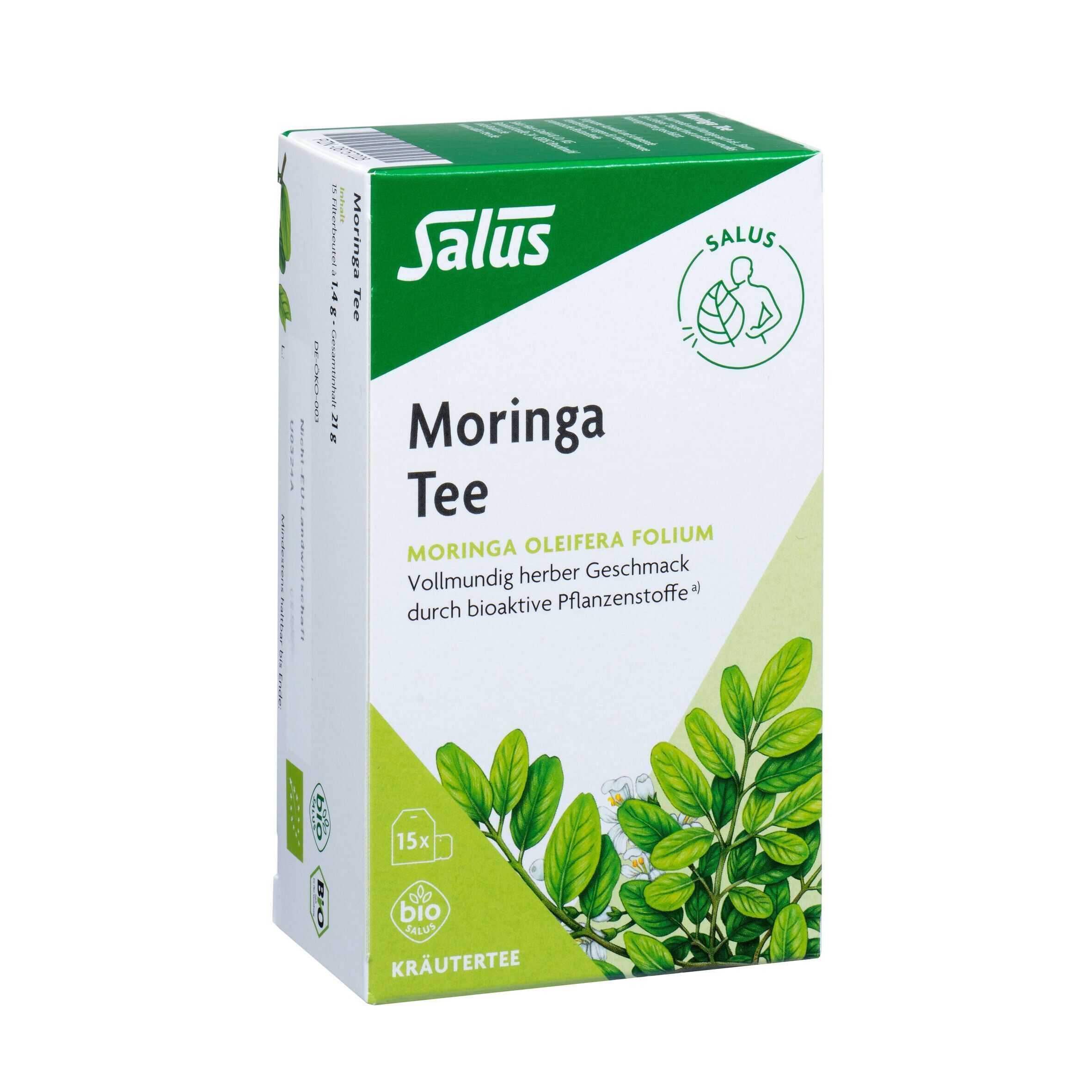 Salus® Moringa Tee Schachtel. Weiß-grüne Verpackung. Text: Moringa Oleifera Folium, 15x Bio Kräutertee.