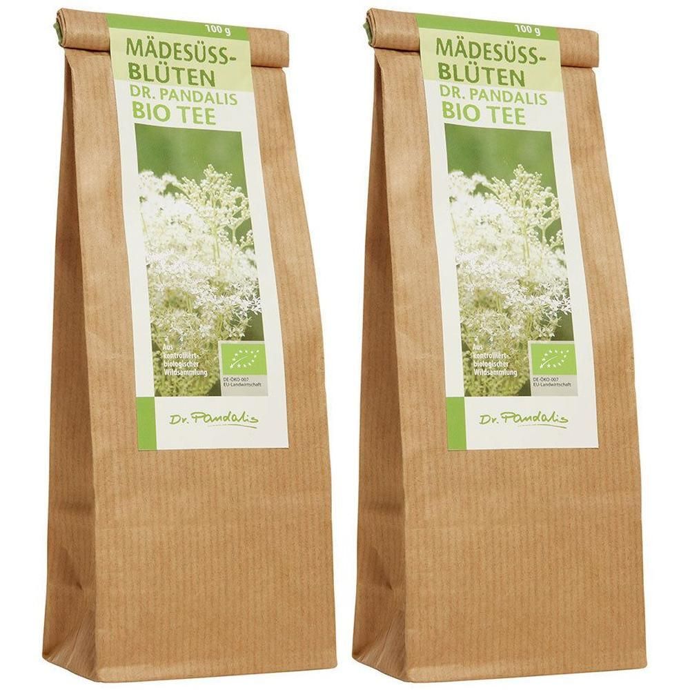 Zwei Beutel Tee. Aufdruck: MÄDESÜSS-BLÜTEN, DR. PANDALIS BIO TEE. Braune Papierverpackung mit grünem Etikett und Bio-Siegel.
