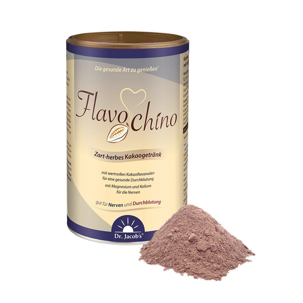 Dose FLAVOCHINO Dr. Jacob's und Pulver daneben. Aufschrift: Zart-herbes Kakaogetränk. Gut für Nerven und Durchblutung. Mit Kakao-Flavanolen.