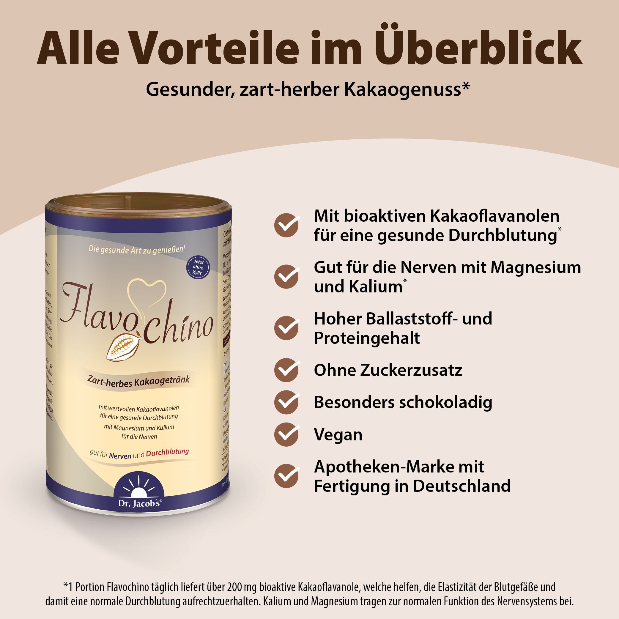 Dose FLAVOCHINO Dr. Jacob's. Text: Vorteile im Überblick. Mit Kakao-Flavanolen, gut für Nerven, hoher Ballaststoff- und Proteingehalt.