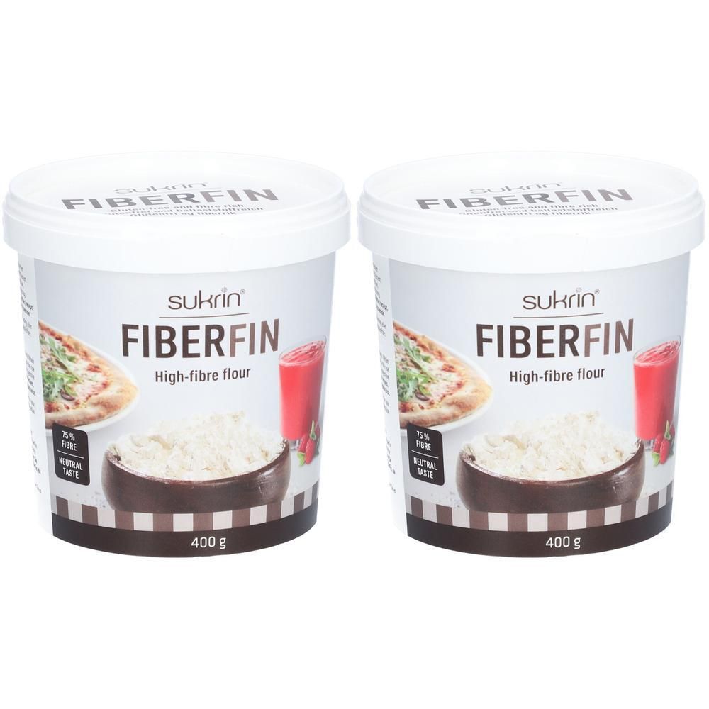 Zwei weiße Behälter mit Deckel. Aufschrift FIBERFIN und sukrin. Abbildung von Pizza und Getränk. 400g.