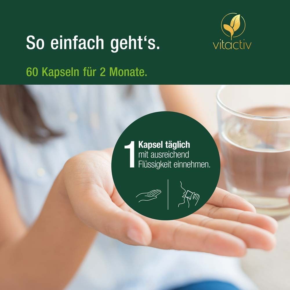 Hand hält eine Kapsel Vitactiv Astaxanthin 8 mg und ein Glas Wasser. Grafik zeigt Einnahme.