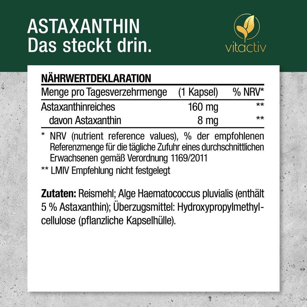 Nährwertdeklaration für Vitactiv Astaxanthin 8 mg. Angaben zu Astaxanthin-Gehalt und Inhaltsstoffen.