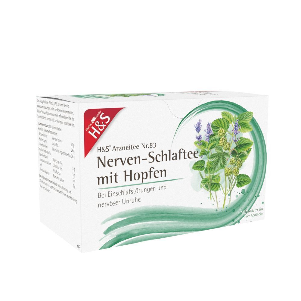 Packung H&S Nerven-Schlaftee mit Hopfen, Vorderseite mit Kräuterdarstellung und Text.