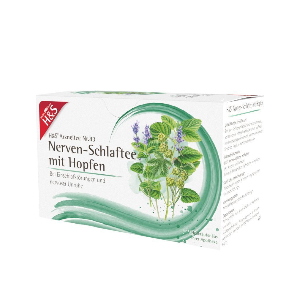 Packung H&S Nerven-Schlaftee mit Hopfen, mit Kräuterdarstellung und Text auf weißem Hintergrund.